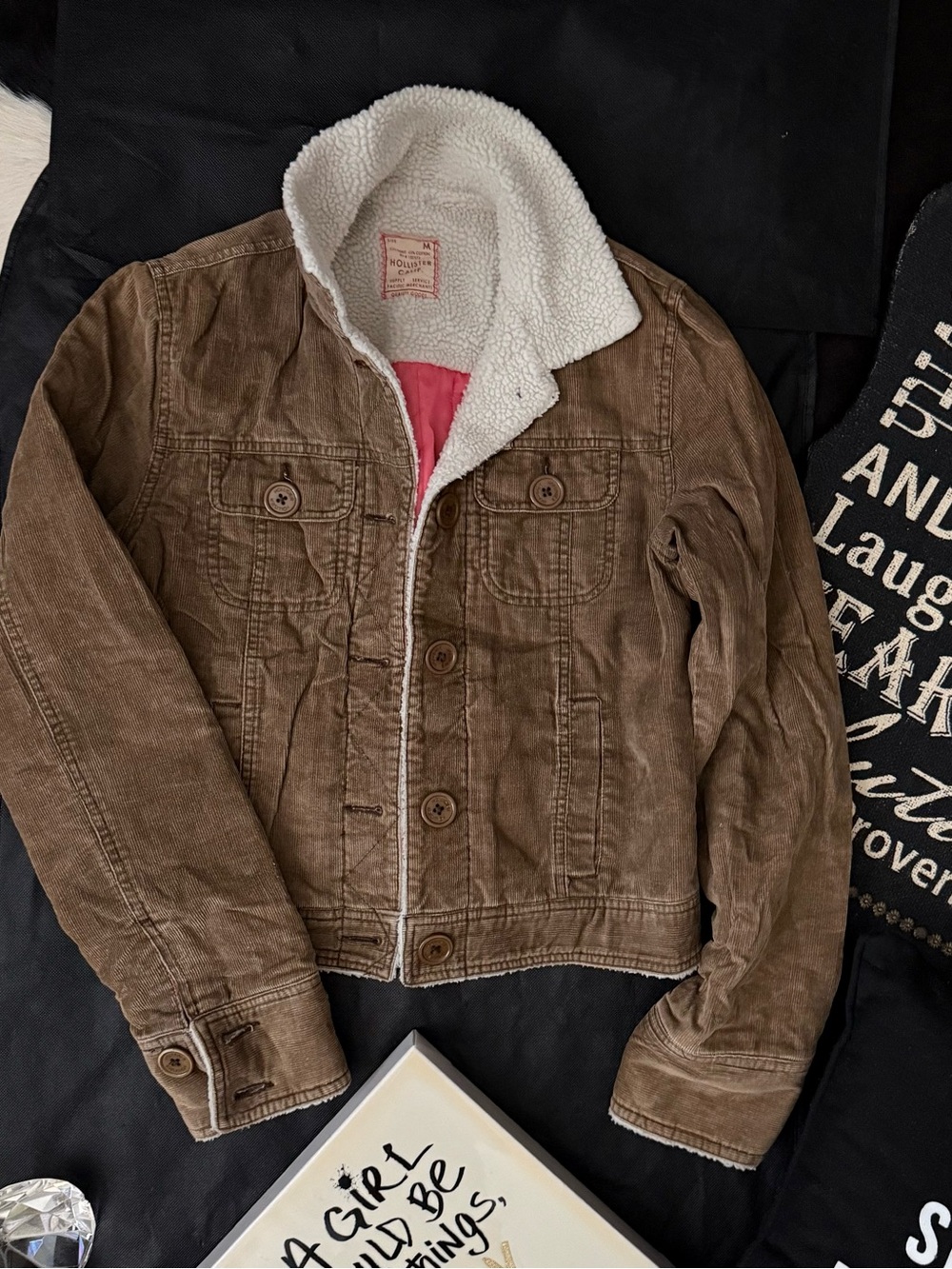 Hollister Brown Corduroy Sherpa-Lined Bomber Jacket with Pink Lining